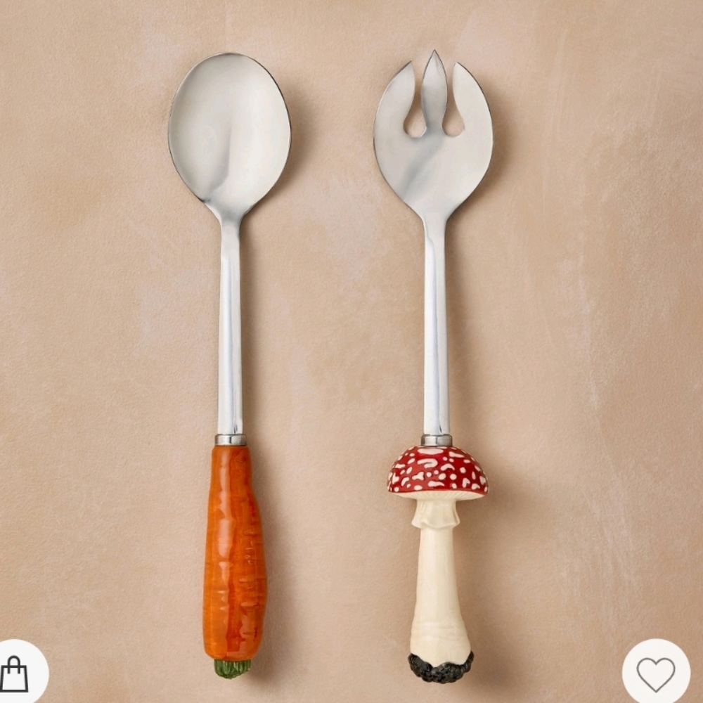 John Derian Vegetable Figural Serving Spoon & Fork Mushroom Carrot